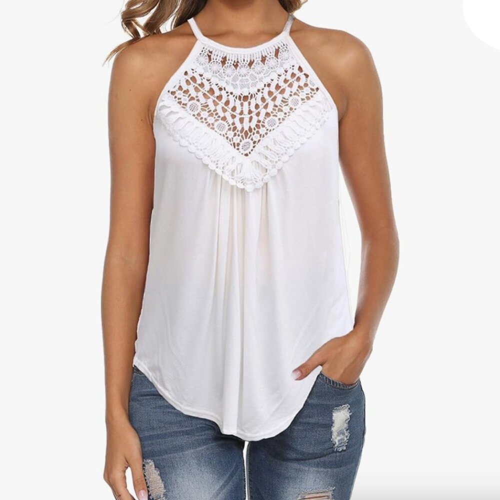 🍀 3/$35 🍀 NWT Bluetime White High-Neck Flowy Tank with Crochet - Size Medium